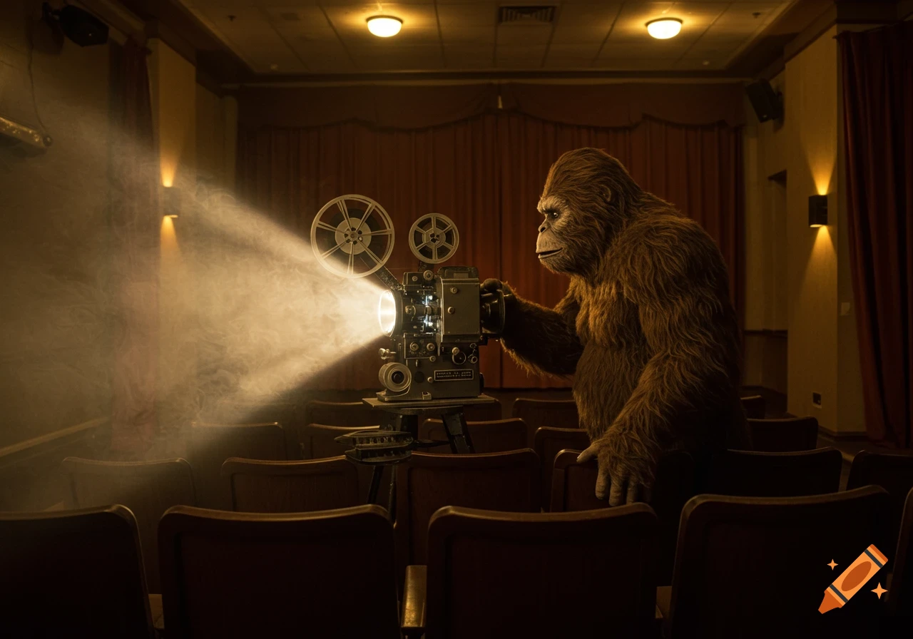 A gorilla operates a film projector, casting a light beam across a dimly lit, empty movie theater with rows of seats.