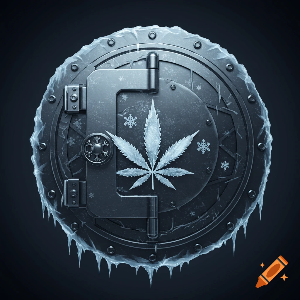 A circular metallic vault door, covered in ice and icicles, featuring a frosted cannabis leaf and snowflakes in the center.