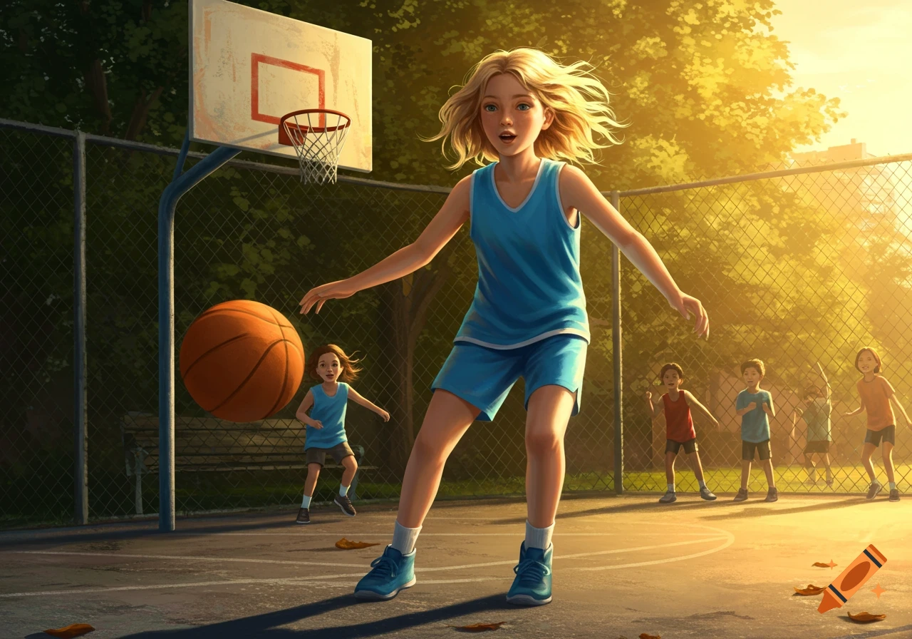A blonde girl in a blue uniform dribbles a basketball on an outdoor court at sunset, with other children in the background.