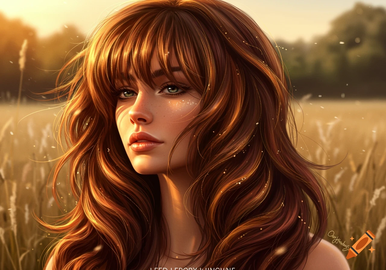 Digital painting of a woman with long reddish-brown hair and bangs, green eyes, and freckles, bathed in golden sunlight in a field.