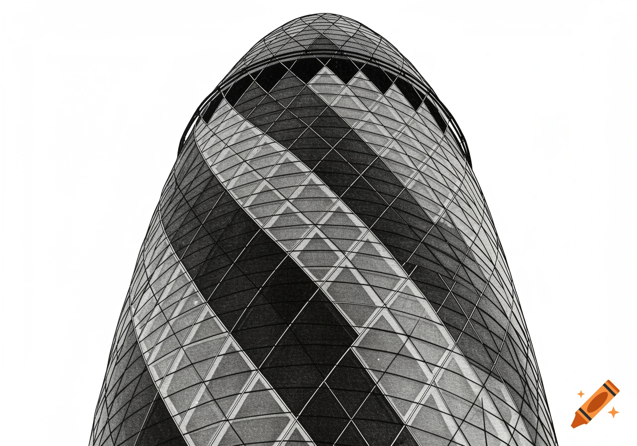 Black and white drawing of the Gherkin building's patterned facade against a white background, viewed from below.
