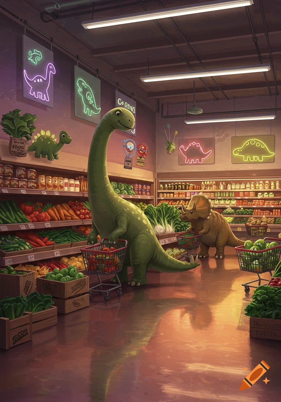 Cartoon dinosaurs shop for groceries in a brightly lit supermarket with neon signs.