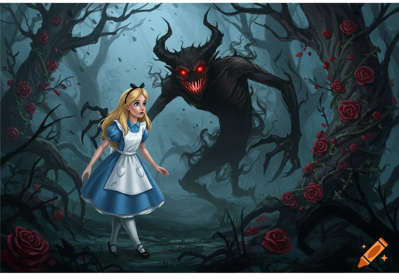 Alice in a blue dress looks back at a shadowy horned demon with red eyes in a dark, thorny forest with red roses.