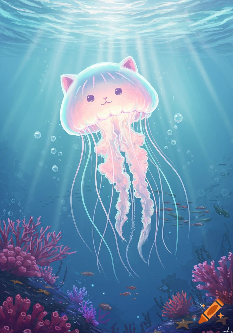 A cute, glowing, pink and blue jellyfish with cat ears swims in a vibrant ocean reef with fish and coral.