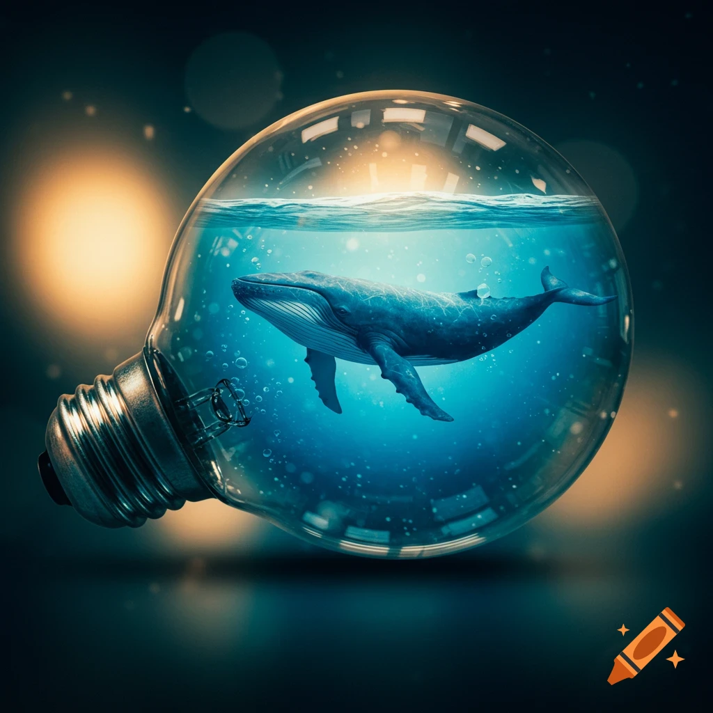 A blue whale swims inside a lightbulb filled with water, glowing in a dark, ethereal setting.