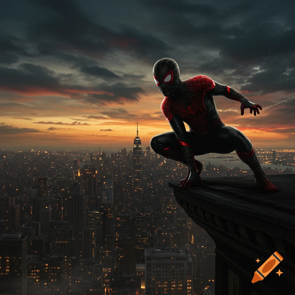 Miles Morales Spider-Man crouches on a skyscraper ledge overlooking a sprawling city at sunset.