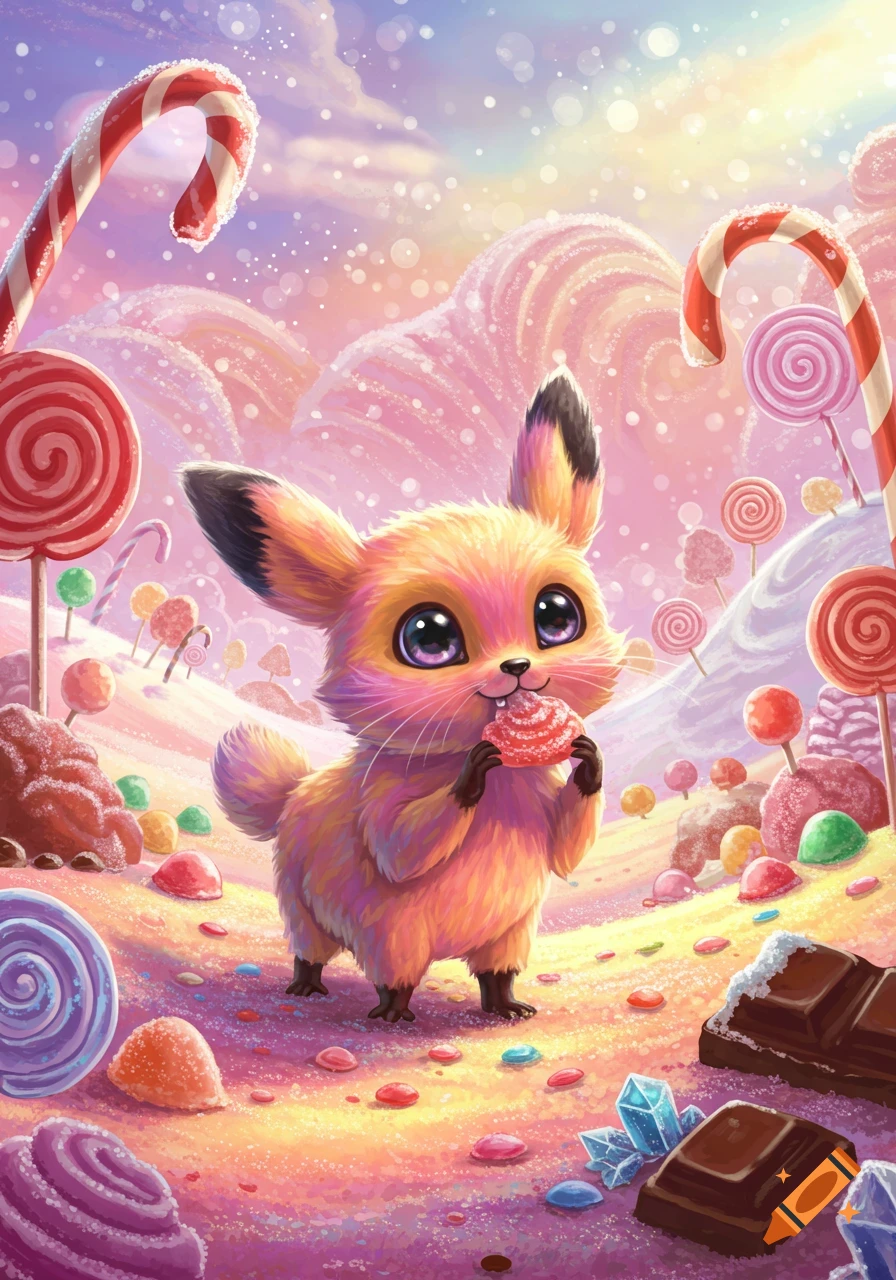 A cute, fluffy orange creature with big purple eyes eats a candy in a whimsical, colorful candy land with lollipops and sweets.