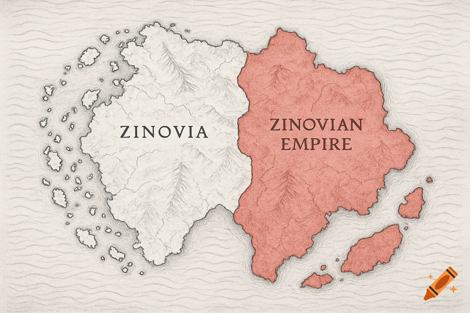 A fantasy map of a continent divided into two countries, Zinovia (white) and the Zinovian Empire (red), surrounded by islands.