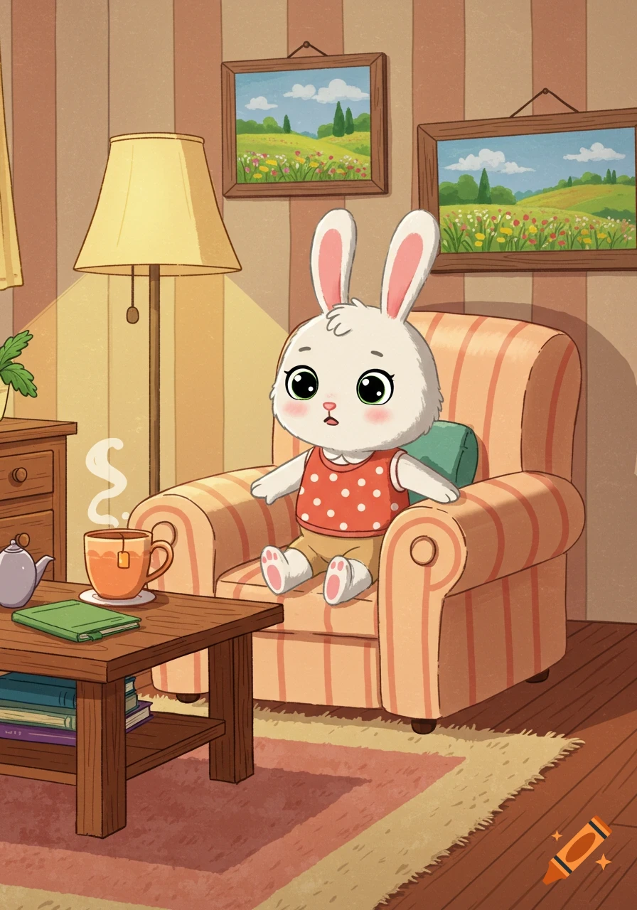 A cute cartoon bunny rabbit sits in a striped armchair in a cozy living room, next to a coffee table with a steaming cup of tea.
