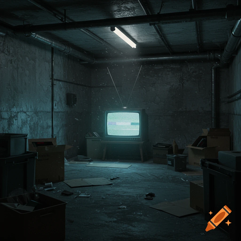 A dark, messy concrete basement with an old CRT television displaying static.