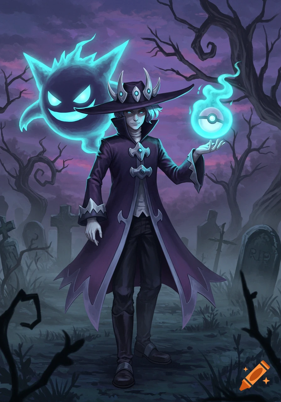 A stylized illustration of a male ghost type Pokémon trainer in a dark cloak and hat, with a glowing Gastly and a floating Poké Ball, standing in a spooky graveyard at dusk.