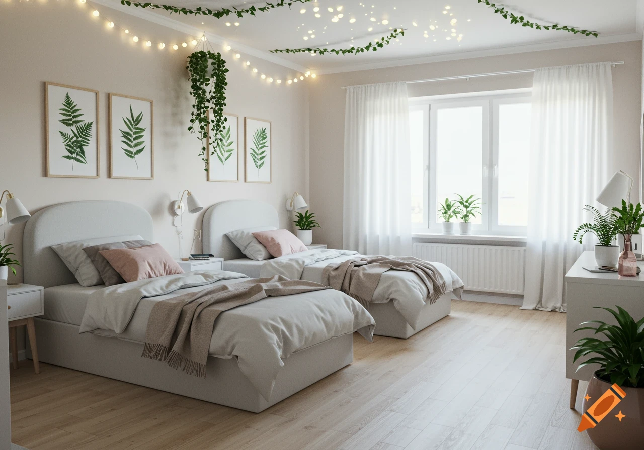 An aesthetic two-bed bedroom featuring white beds with pink pillows, fern art on the wall, hanging plants, fairy lights on the ceiling, and white sheer curtains on the window. The room has light wood flooring and a minimalist, modern design.