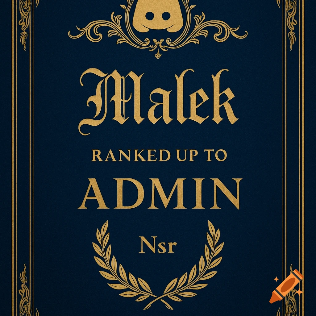 A vintage-style Discord certificate on a dark blue background with gold text saying 'Malek RANKED UP TO ADMIN Nsr', ornate borders, and a laurel wreath.
