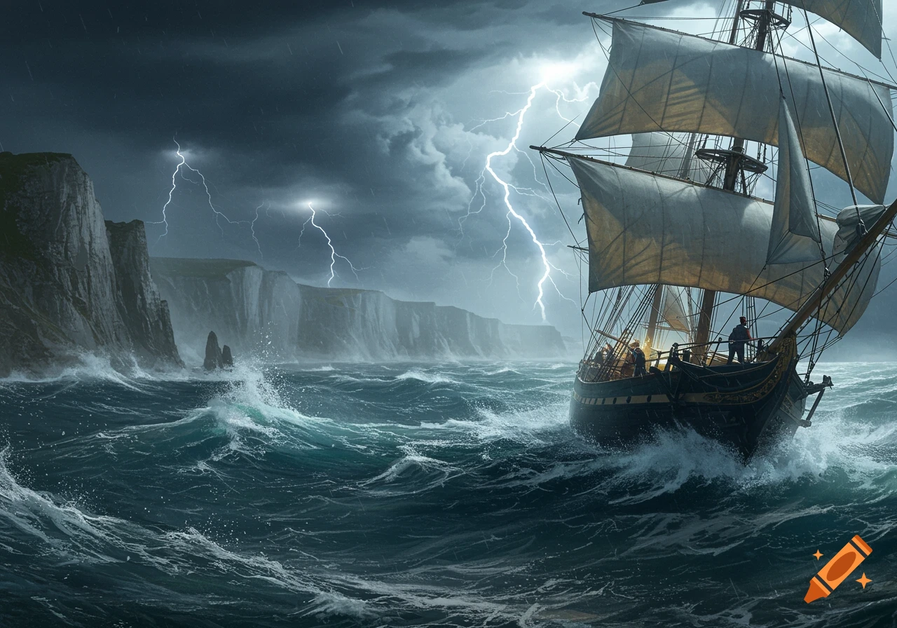 A photorealistic image of a schooner sailing through a stormy sea with high waves and lightning striking near jagged cliffs.