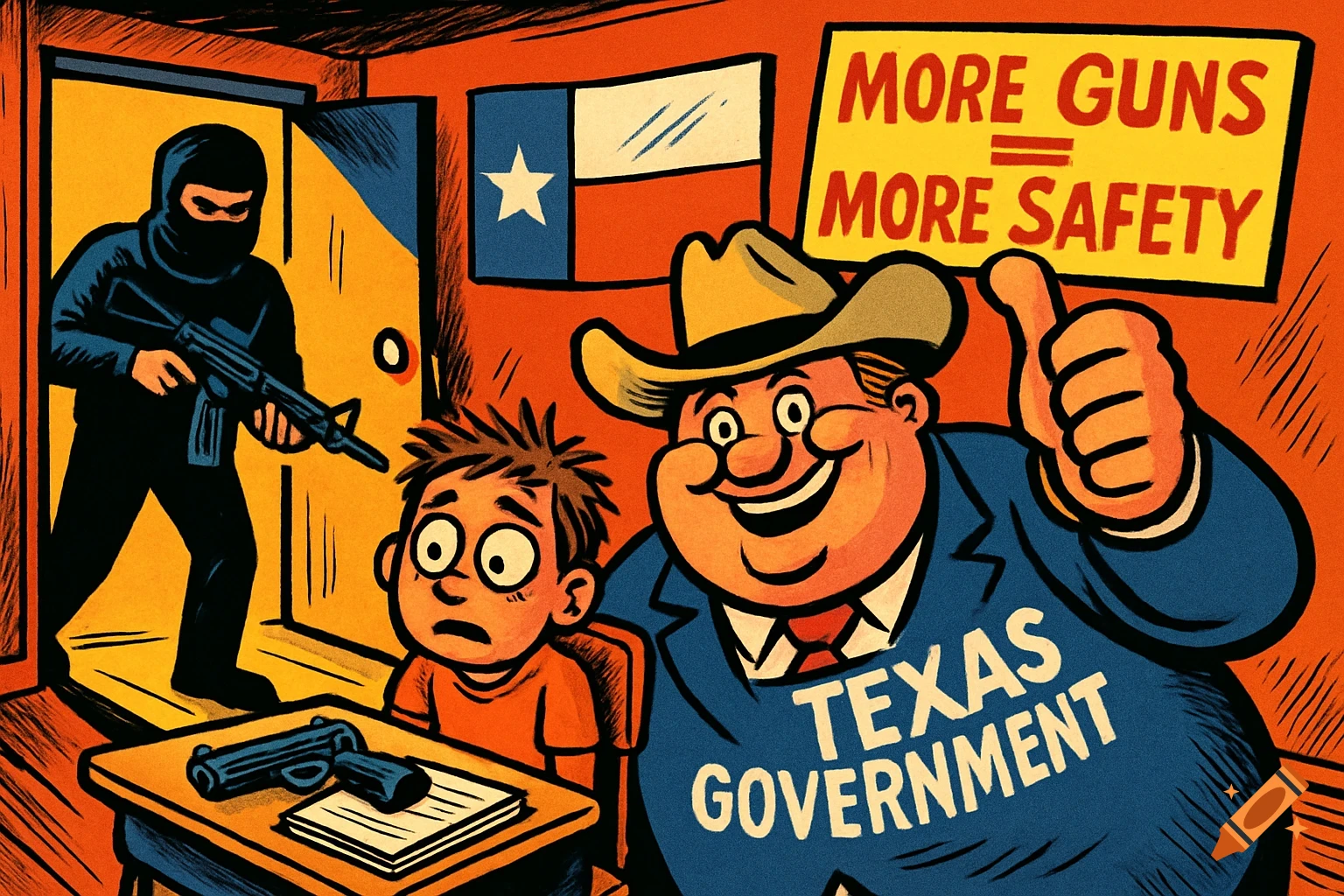 Political cartoon: terrified child with handgun on desk in Texas classroom, masked gunman enters, 'Texas Government' man gives thumbs up, sign says 'More Guns = More Safety'.