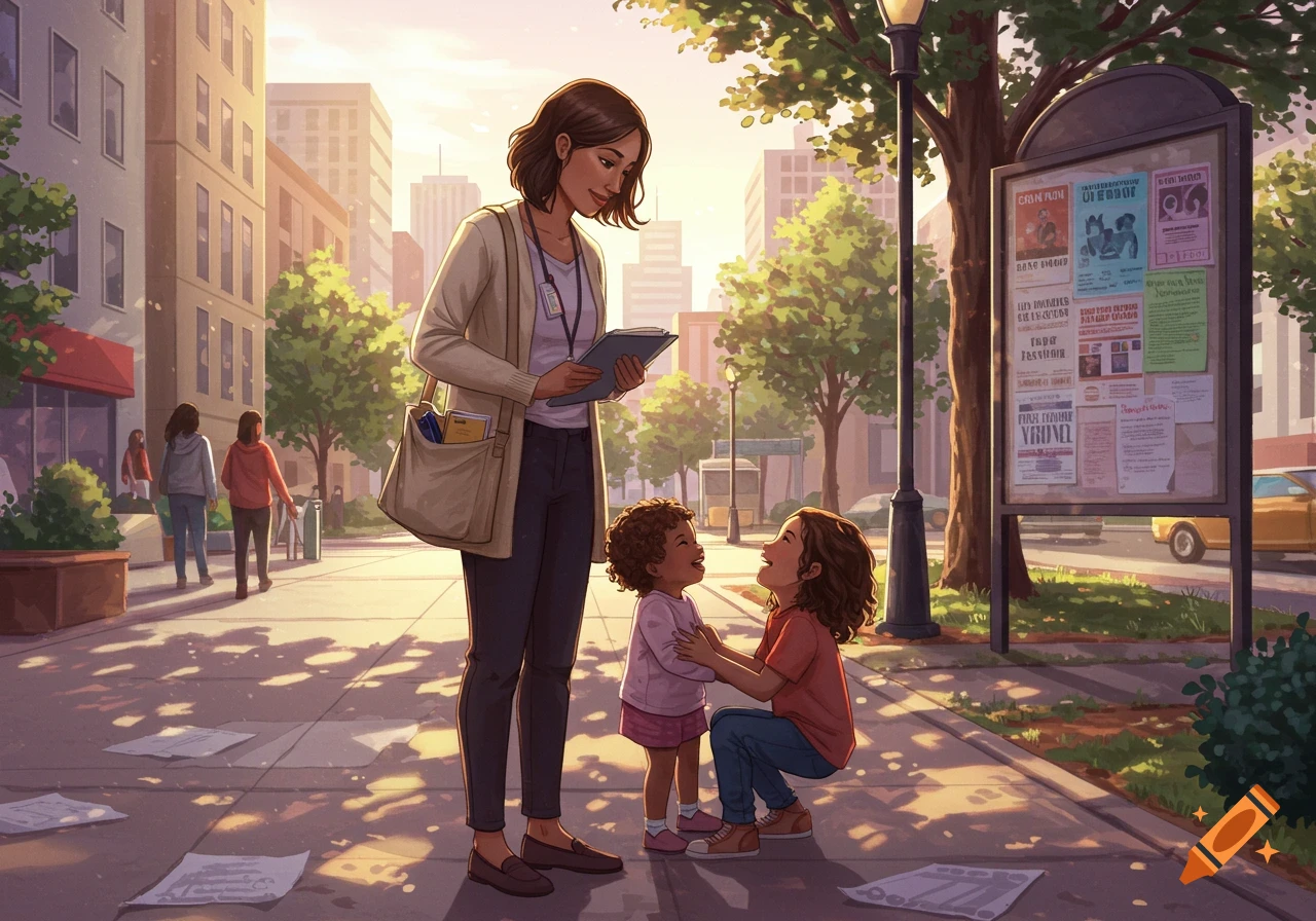 An illustrated scene of a social worker interacting with two children on a sunny city sidewalk.