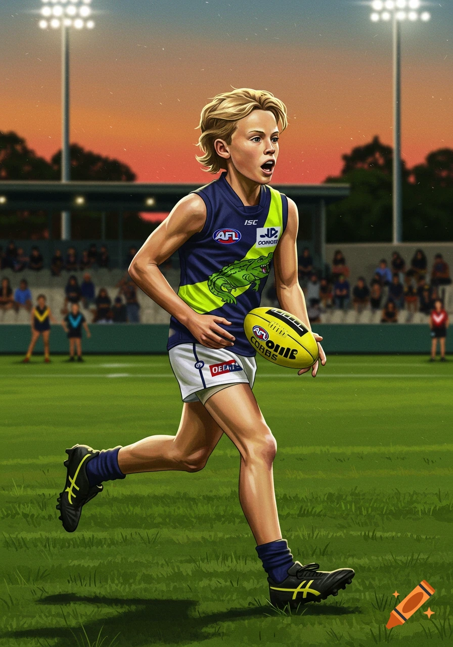 A young boy in a blue and green uniform runs with an Australian Rules Football on a grassy field at sunset.