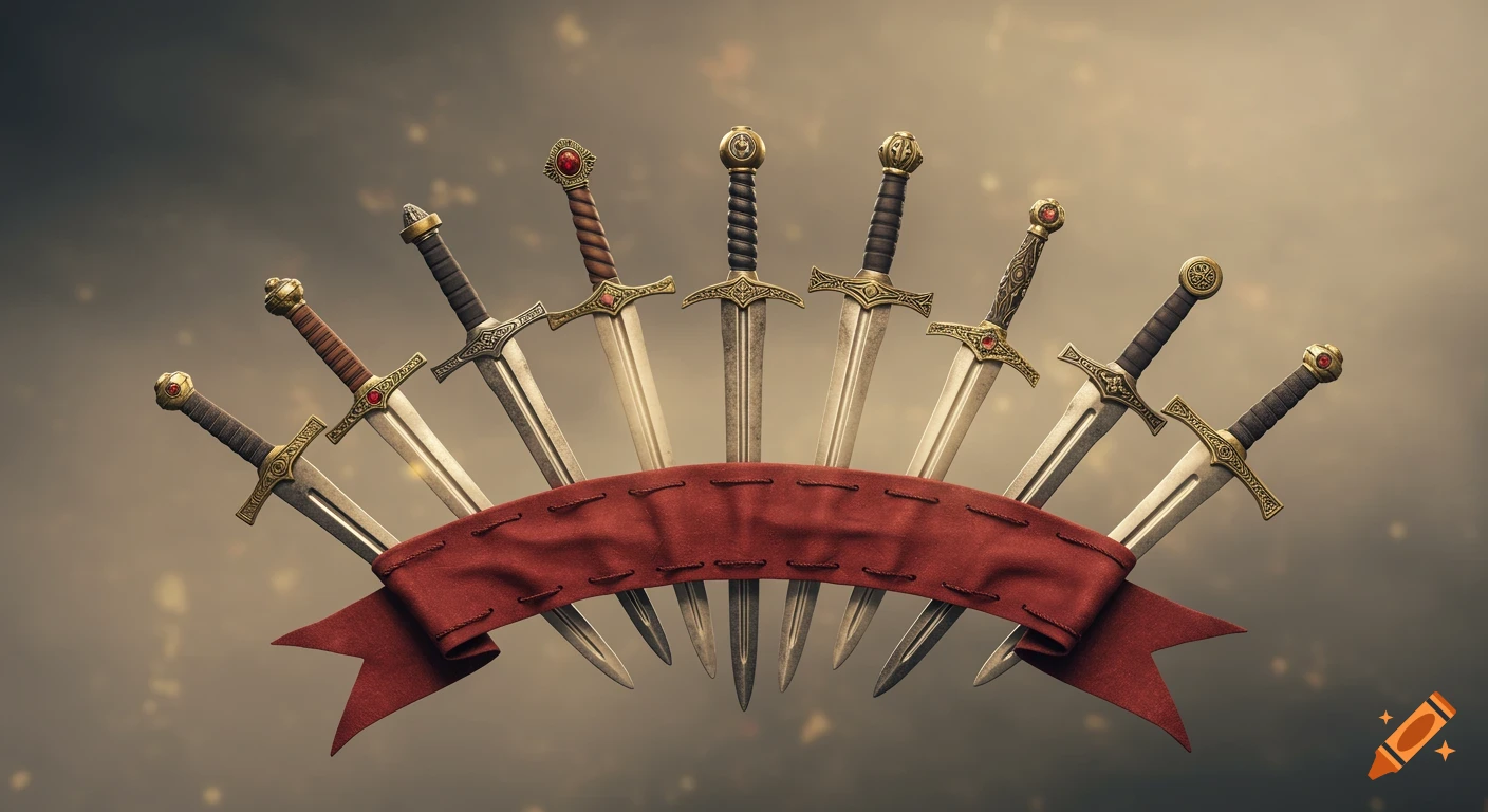 Nine ornate swords with golden hilts and red gems stand behind a plain red banner against a dark, cloudy sky.