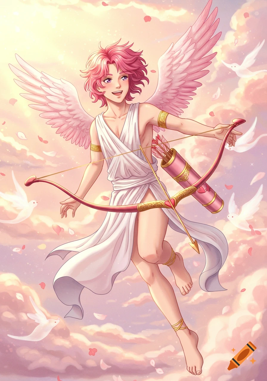 Anime style male Cupid with pink hair flying in a pink sky with clouds, doves, and falling rose petals, holding a bow and arrow.