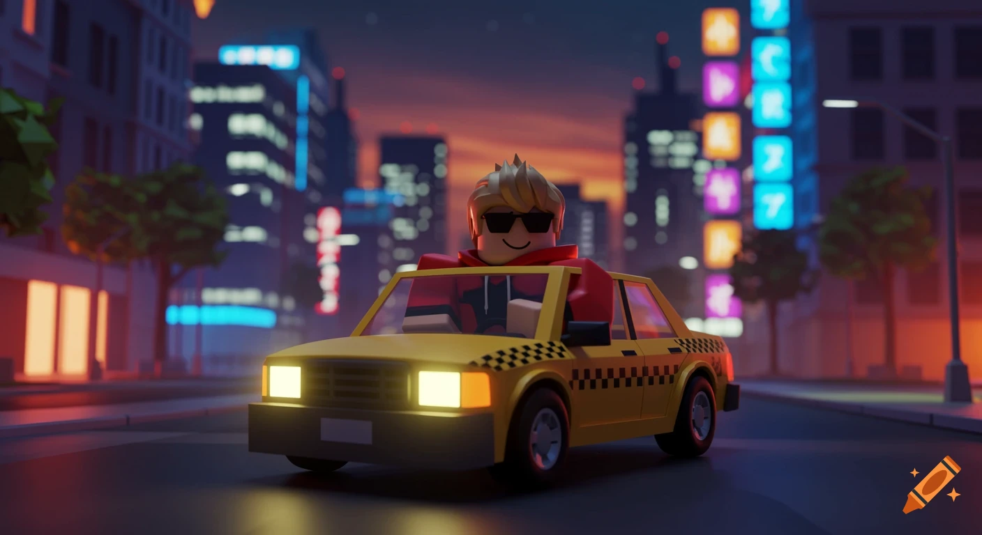 A Roblox-style character with blonde hair and sunglasses in a red and black outfit drives a yellow taxi at night in a city with neon lights.