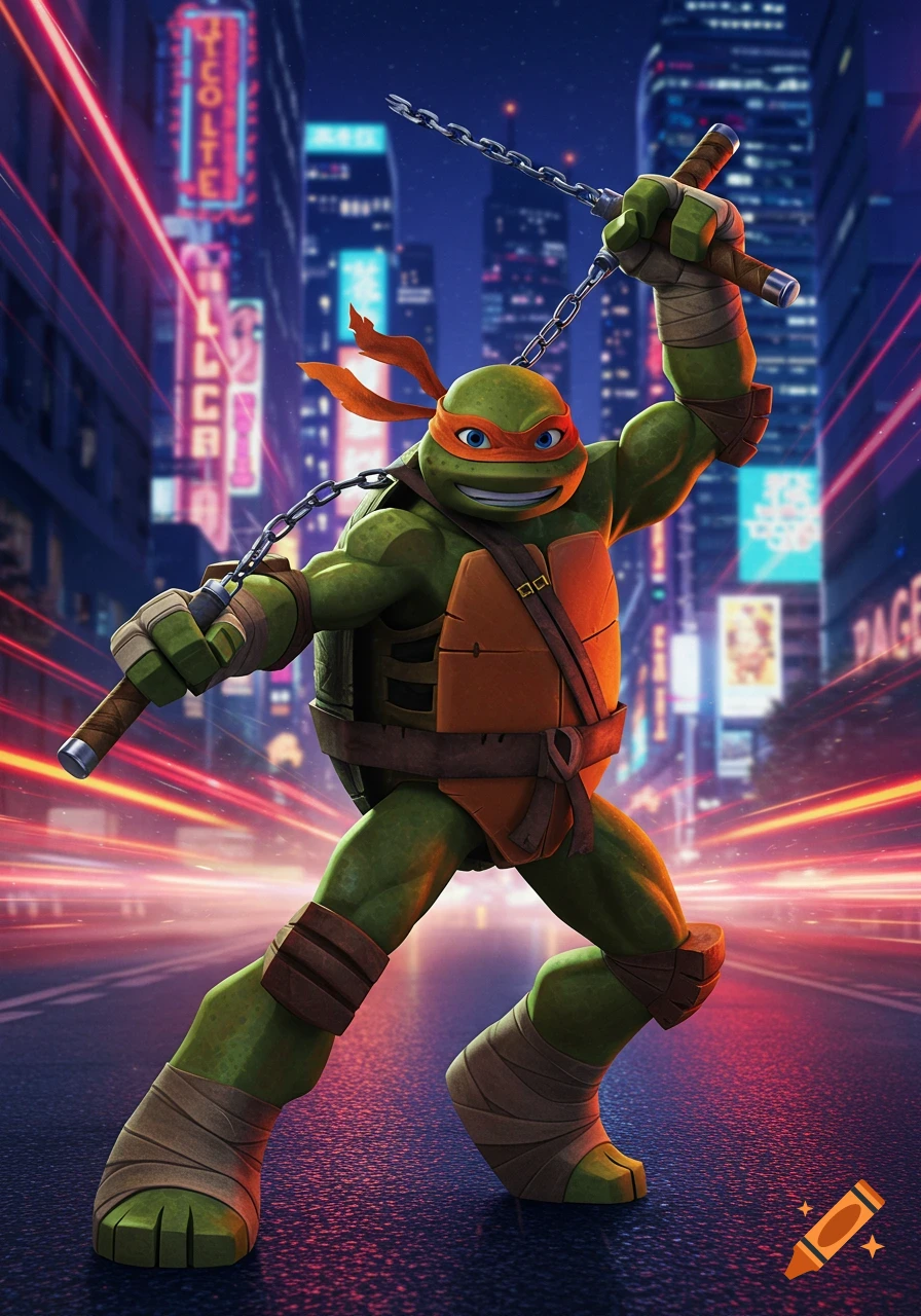 A 3D animated Michelangelo, a green turtle in an orange mask, holds nunchaku in a dynamic pose on a city street at night.
