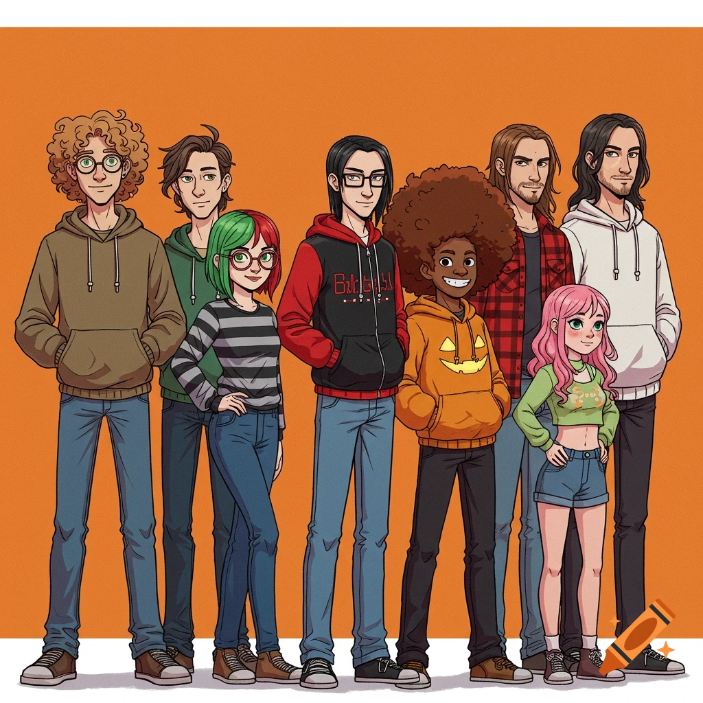A colorful illustration of seven diverse cartoon-style characters standing in a row, wearing casual clothes like hoodies, jeans, and a flannel shirt. The background is solid orange.