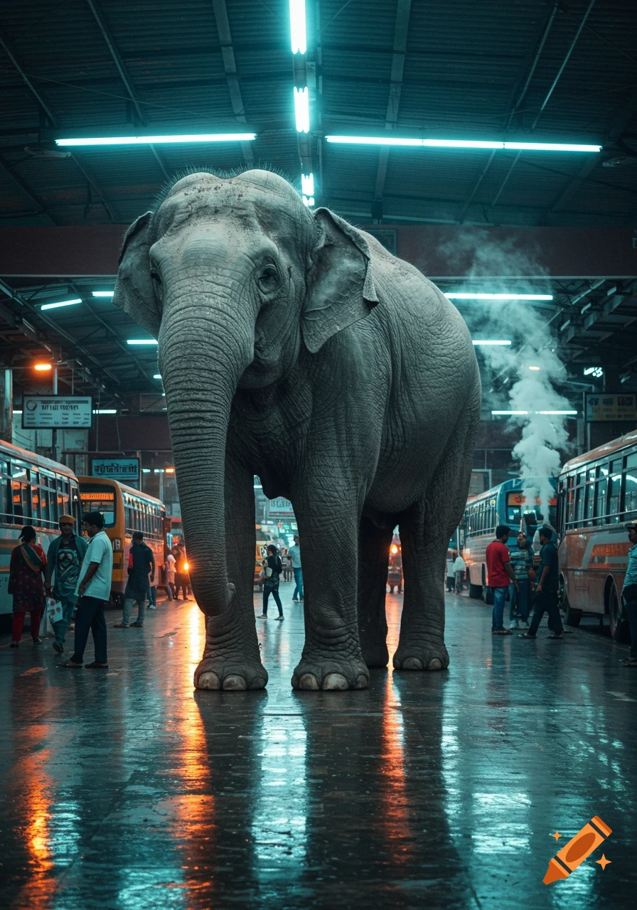 A large photorealistic elephant stands in a wet, neon-lit bus station with buses and people around it.