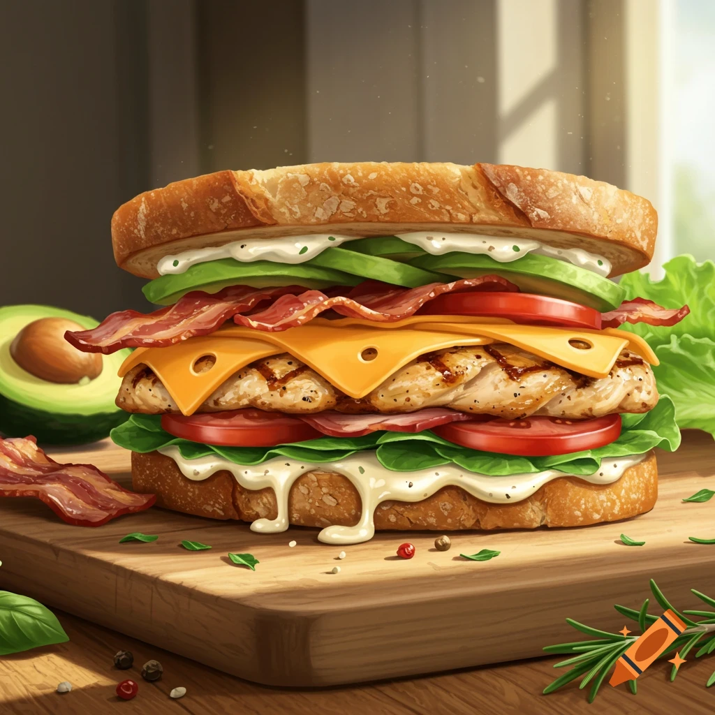 A close-up, photorealistic chicken club sandwich with bacon, cheese, avocado, and lettuce on toasted bread.