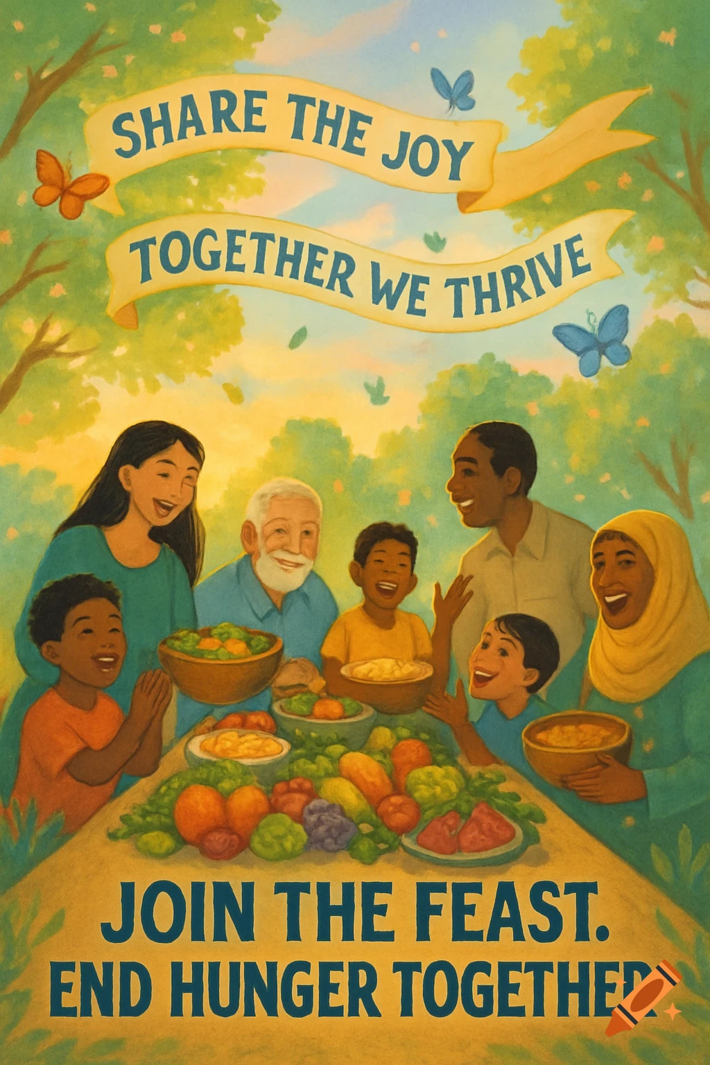 Vibrant illustration of a diverse family sharing a meal outdoors, with text banners 'Share the Joy Together We Thrive' and 'Join the Feast. End Hunger Together.'