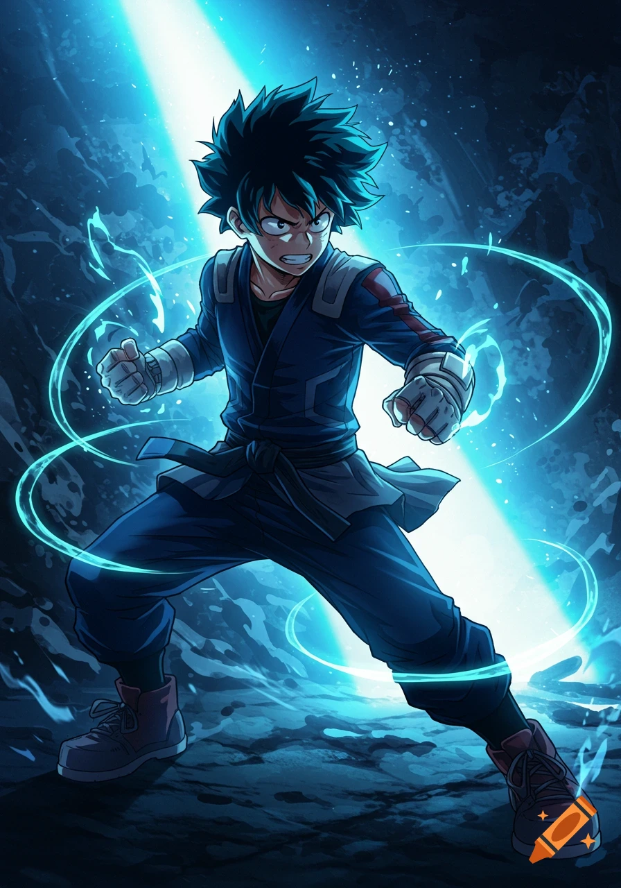 An anime-style male teenager with green-black hair in a dark blue gi and gloves stands in a dynamic pose with swirling blue energy.