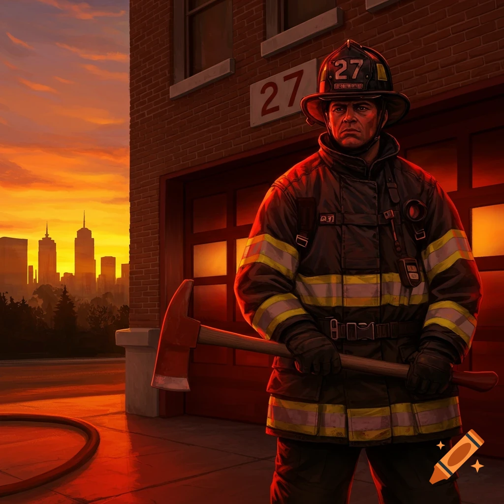 A detailed illustration of a firefighter holding an axe in front of a fire station at sunset, with a city skyline in the background.