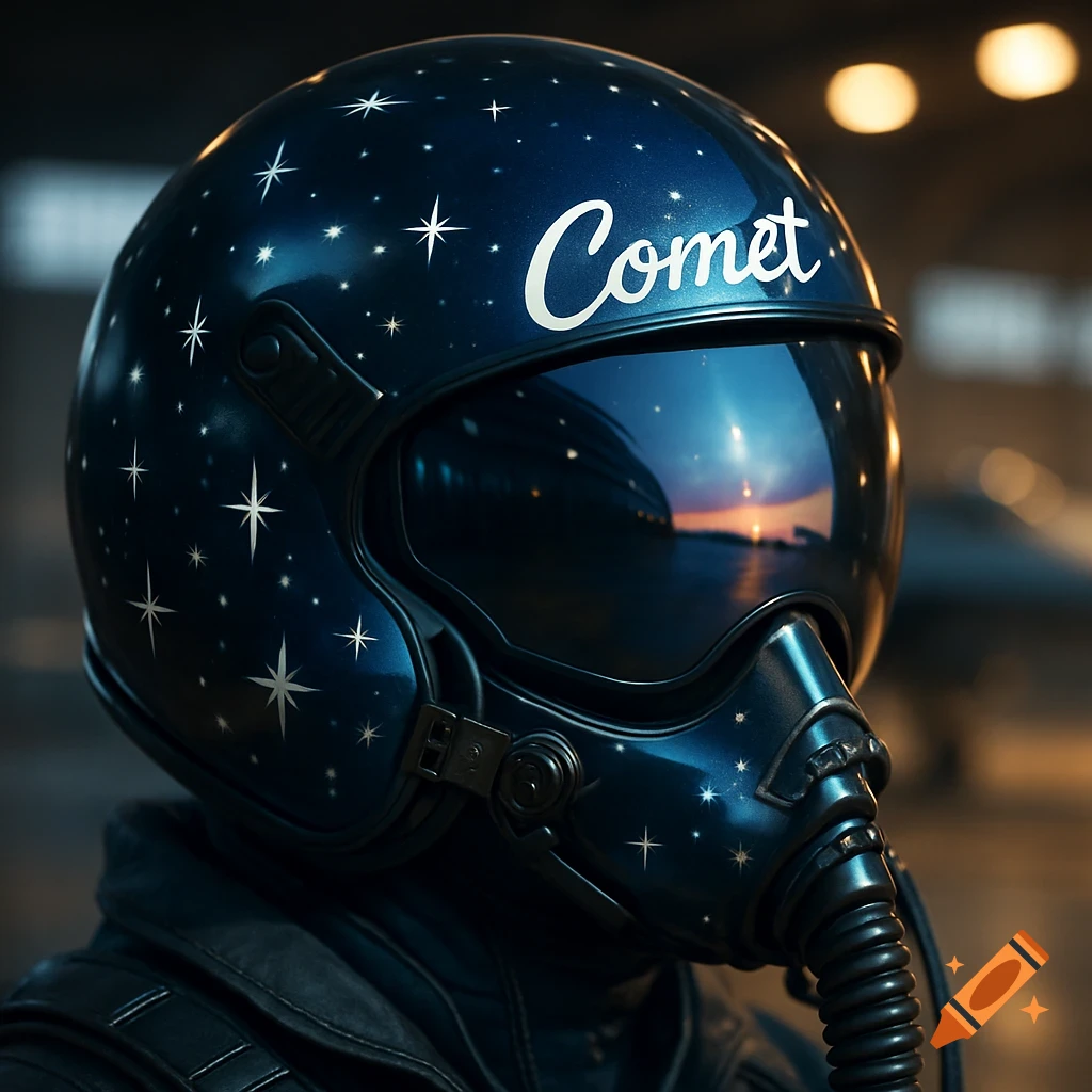 A dark blue military fighter pilot helmet adorned with white stars and the word 'Comet' written in script, featuring a reflective visor.