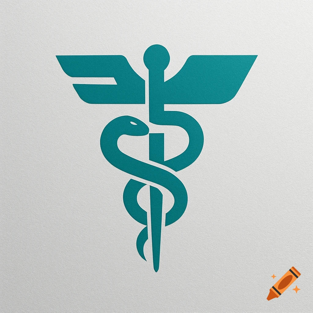 A teal caduceus symbol with two snakes entwined around a winged staff, set against a textured light grey background.