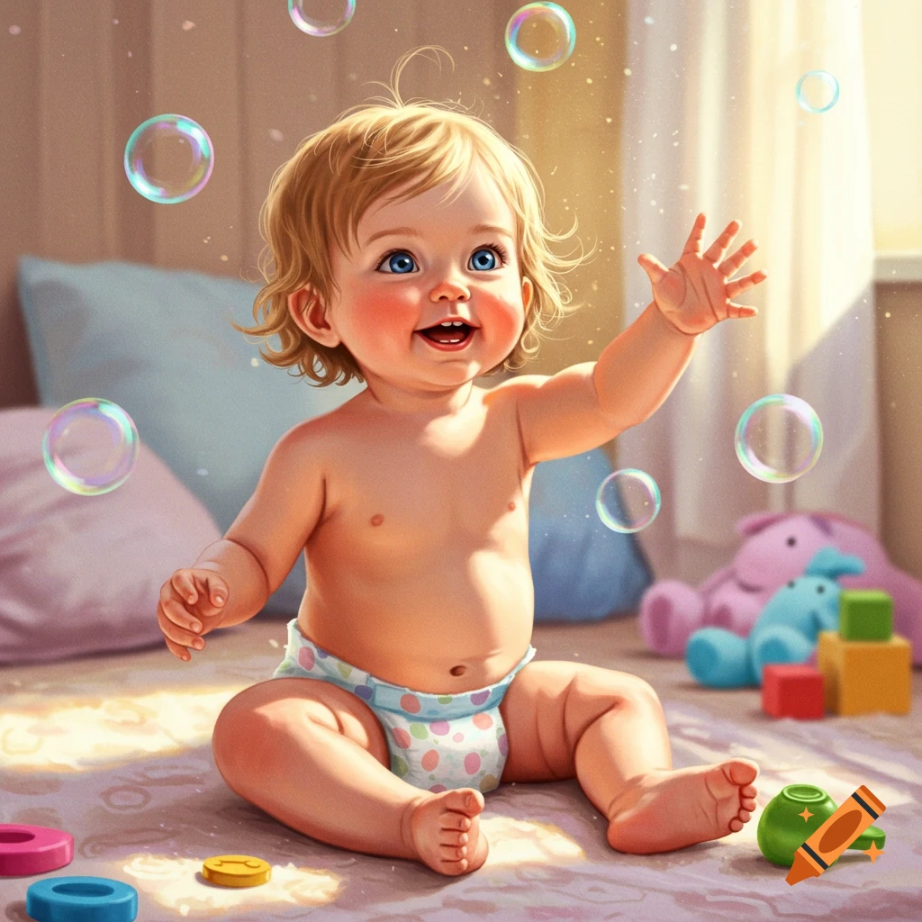A happy baby in a diaper sits on a rug, reaching for colorful bubbles in a sunlit room with toys.