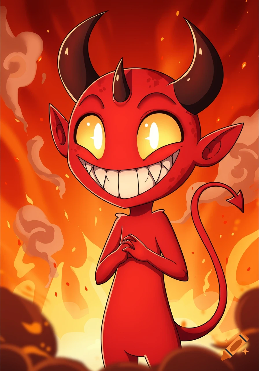A grinning red cartoon demon with yellow eyes, horns, and a pointed tail stands in a fiery, smoky background.