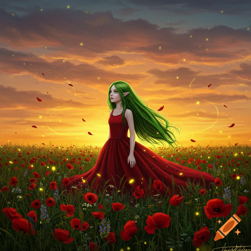An elf-like woman with long green hair in a red dress stands in a field of red poppies at sunset.