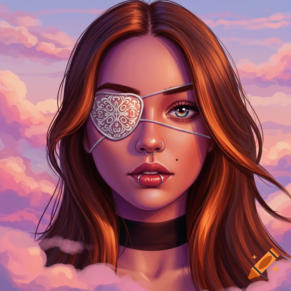 A vibrant digital art portrait of a girl with long brown hair, an ornate eye patch, septum and lip piercings, against a cloudy sky.