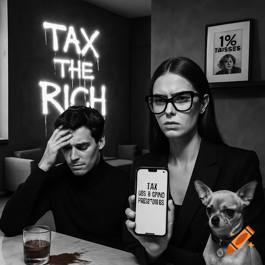 A man and a woman in a minimalist room look distraught. The woman holds a phone with garbled text. Neon "TAX THE RICH" glows on the wall, and a framed "1%" sign is on a shelf. A small dog watches.