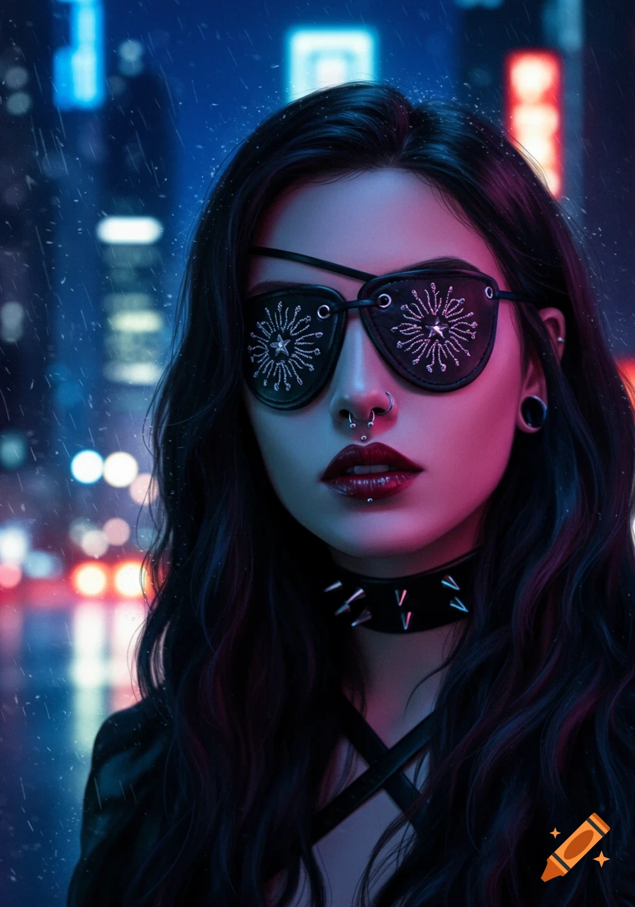 A dark-haired woman with an eye patch, multiple piercings, and a studded choker stands in the rain against a neon-lit city background.