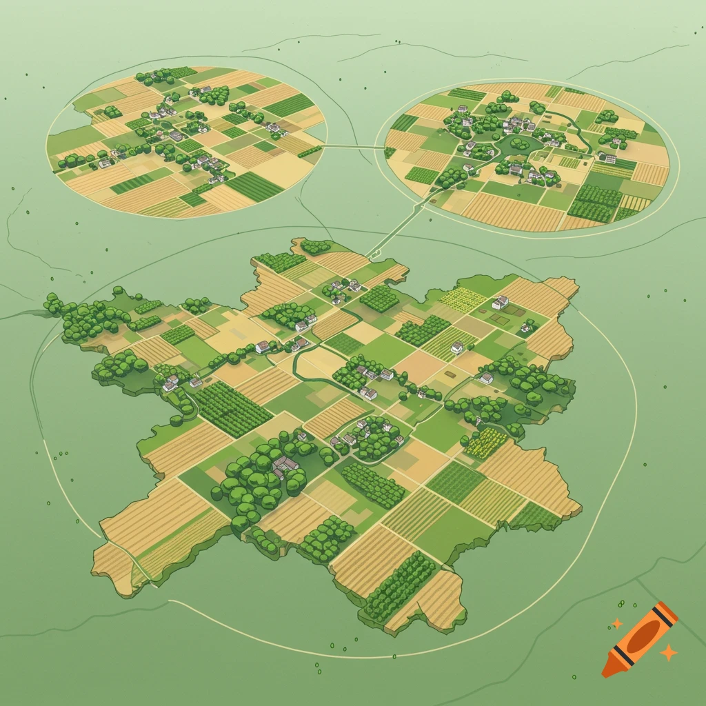 A stylized aerial illustration resembling a map, showing a rural landscape with square farmlands, trees, and small houses, featuring three interconnected circular "foodshed" areas.