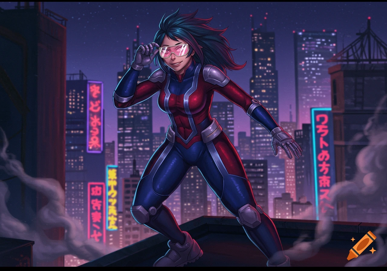 A female superhero in a red and blue costume with pink shades stands on a rooftop overlooking a cyberpunk city at night.