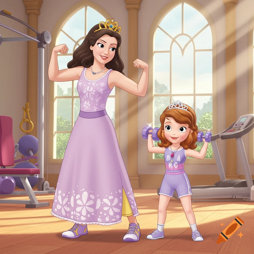 Sofia the First and her mother flex their muscles in a gym, with gym equipment and large windows in the background, in a cartoon style.