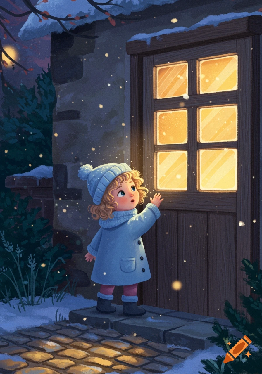 A whimsical illustration of a child in a blue winter coat and hat standing outside a house in snow at night, looking at a glowing window.