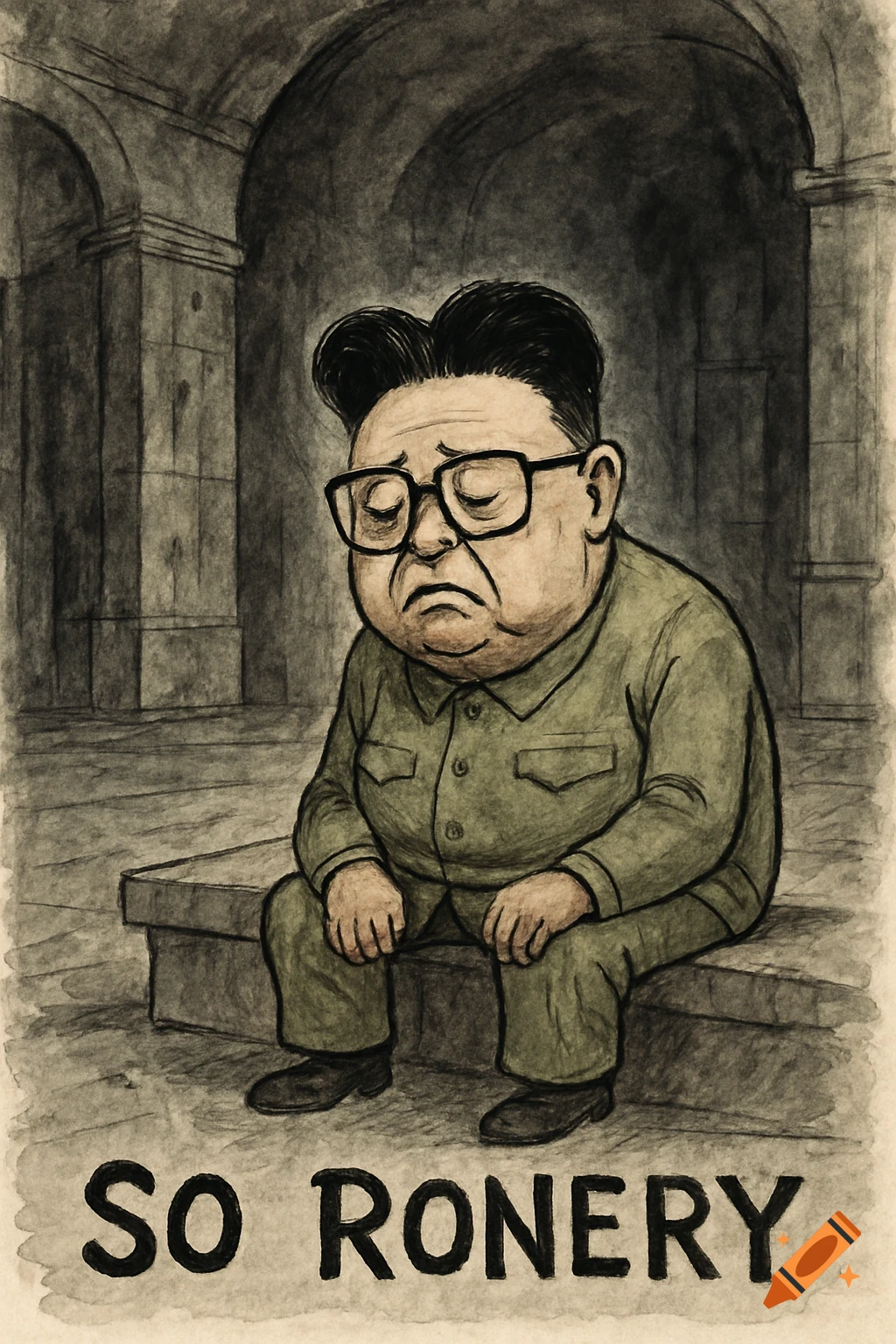 Sad cartoon dictator (Kim Jong Un-like) in an empty palace, sitting alone with 'So Ronery' text. Ink and watercolor style.