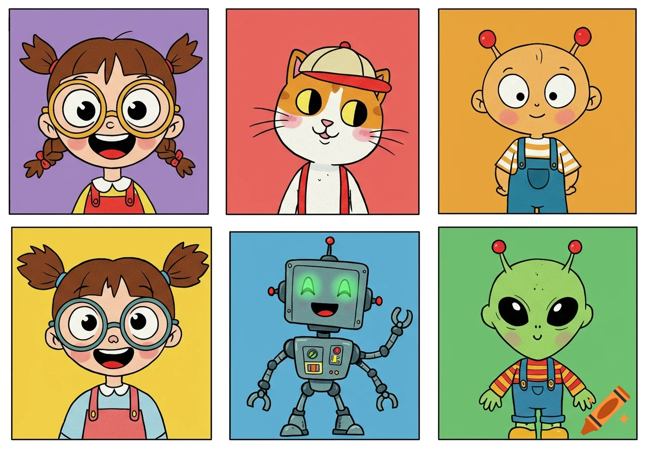 Six colorful cartoon character portraits, including a girl, a cat, a baby alien, a robot, and a green alien, arranged in a grid.