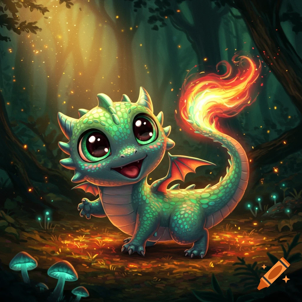 A cute green baby dragon with big eyes and a fiery tail, standing in a magical forest.