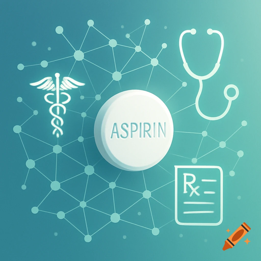A white aspirin pill with "ASPIRIN" on it, surrounded by a caduceus, stethoscope, and prescription pad on a blue background with a molecular network pattern.