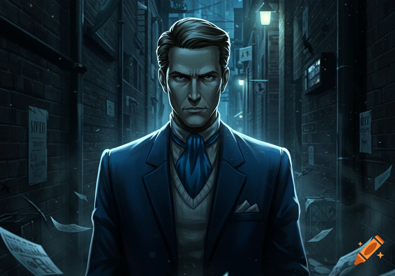 A serious man with slicked-back hair and a blue suit stands in a dark alley under glowing streetlights in an anime art style.