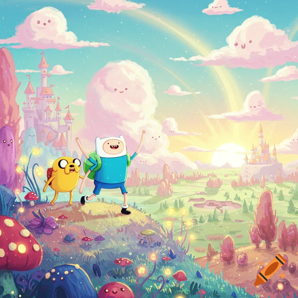 Finn and Jake from Adventure Time walking through a colorful, magical landscape with castles, glowing mushrooms, and smiling clouds.