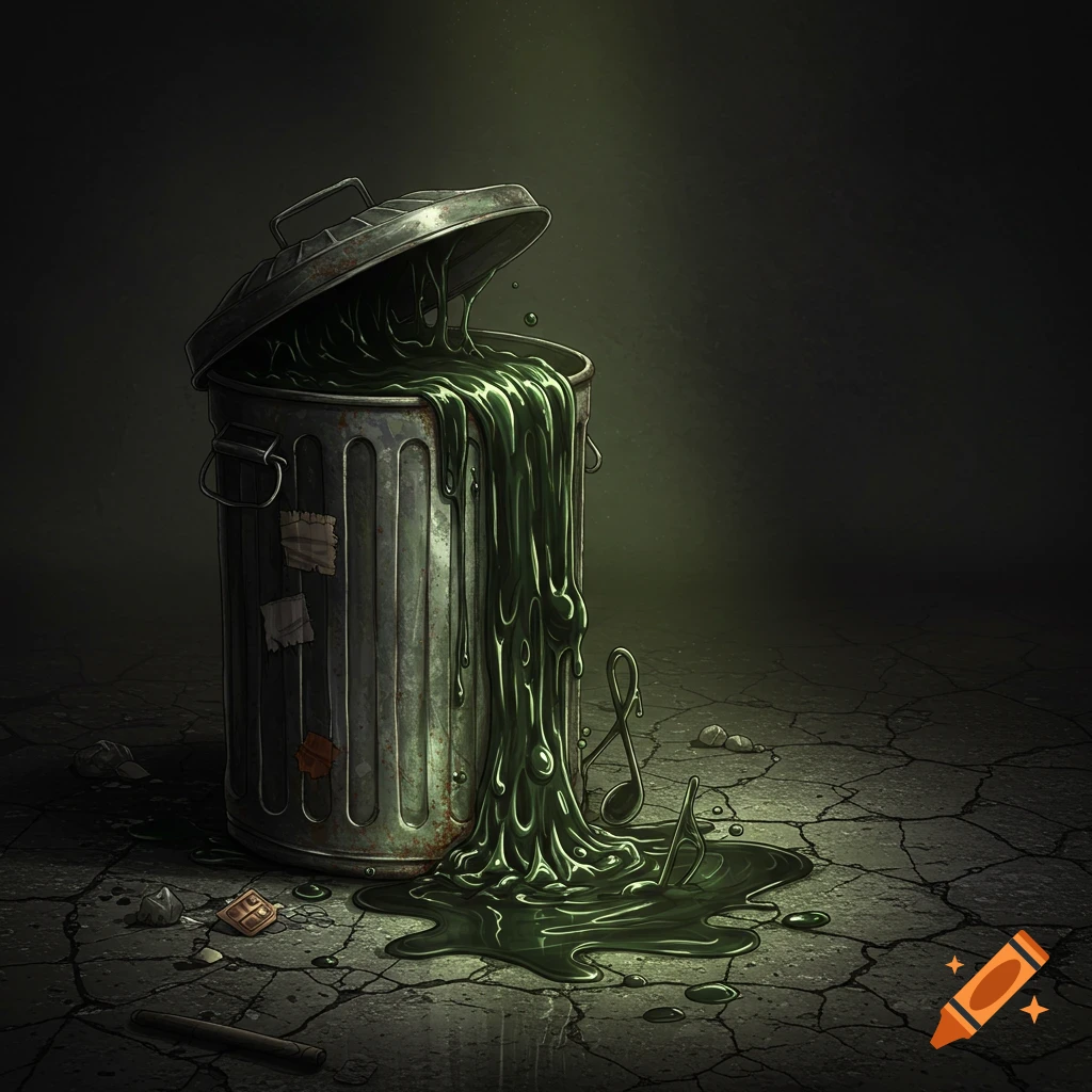 A rusty trash can overflows with dark green ooze onto cracked concrete, with music notes emerging from the slime, in a dark, grungy illustration.
